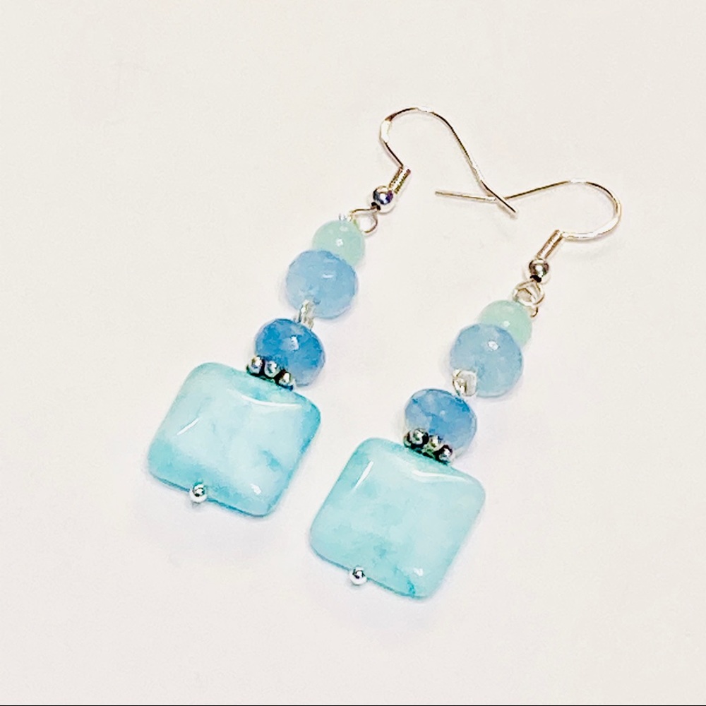Lovely Amazonite Blue Jadeite & Cat’s Eye Earrings